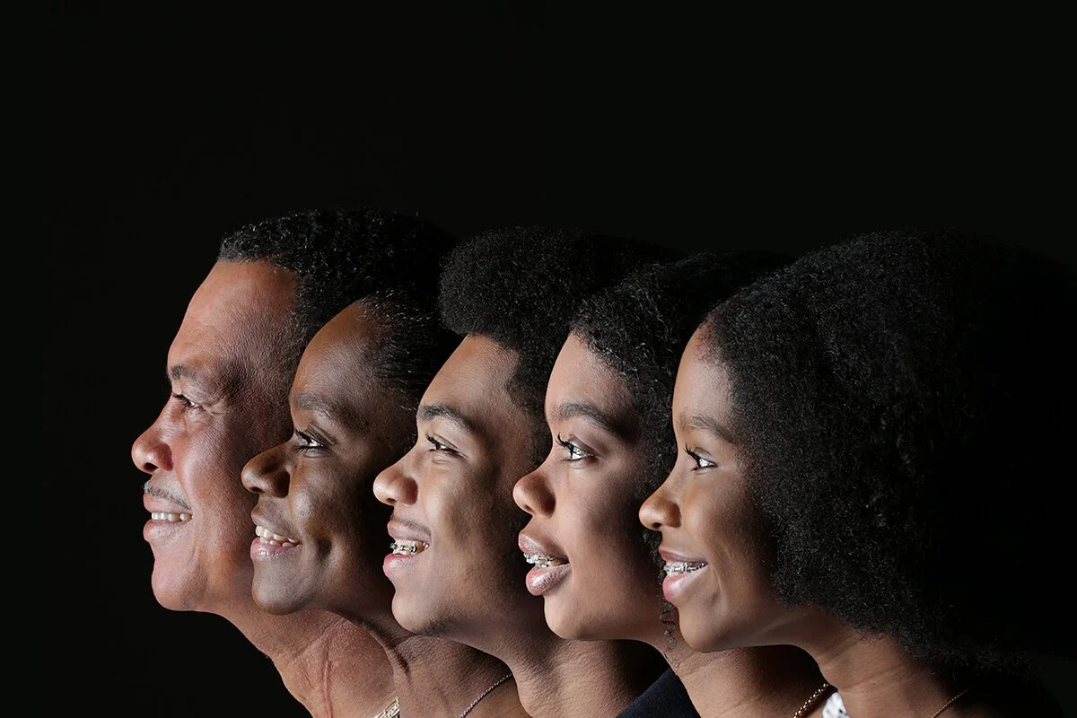Photo of stacked faces of mom and dad with three teenage kids