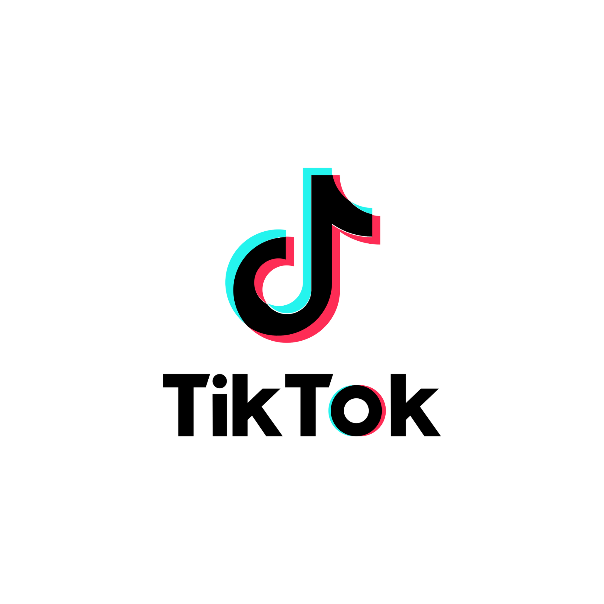 TikTok logo with a black background and red, cyan, and black accents.
