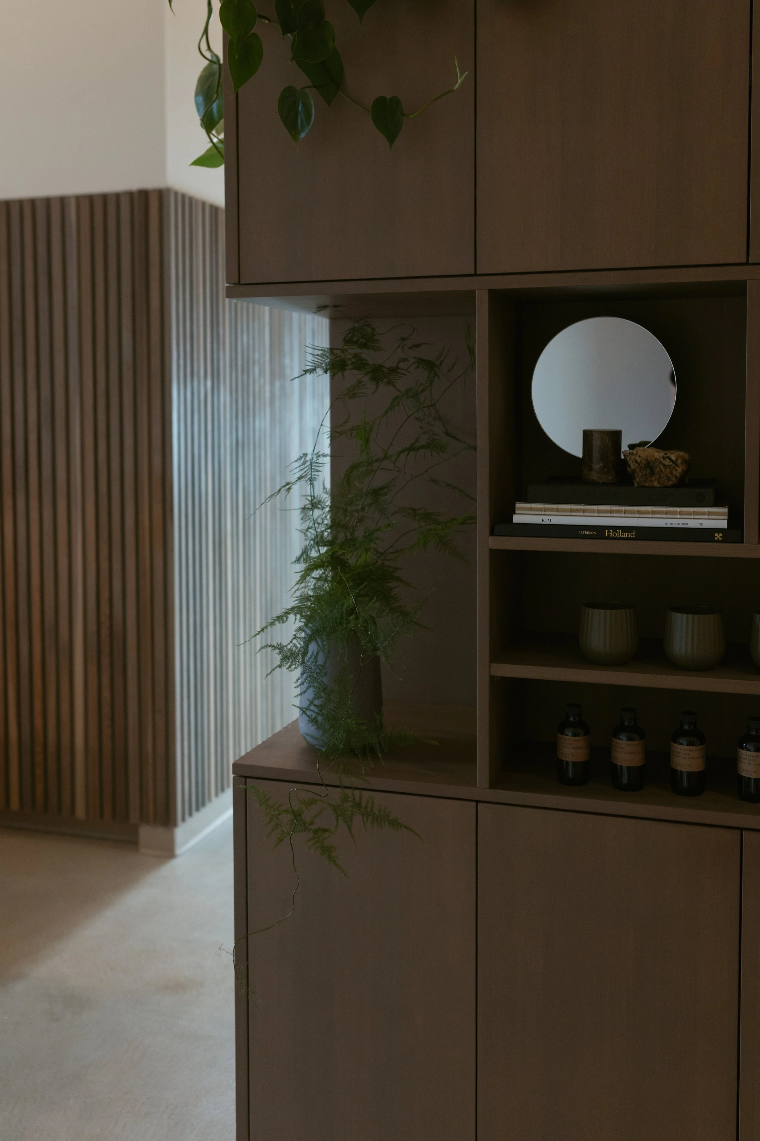 A corner of a room with a wooden shelf holding decorative items and plants, adjacent to a wooden slatted wall, beige carpeted floor, and a white wall.