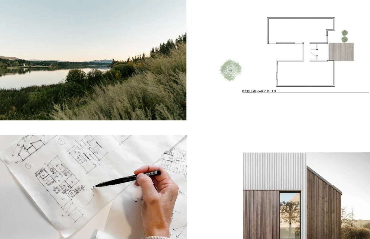 Preliminary residential design board with a lakeside landscape, early floor plan, hand-drawn spatial sketches, and a wood-and-metal exterior concept.
