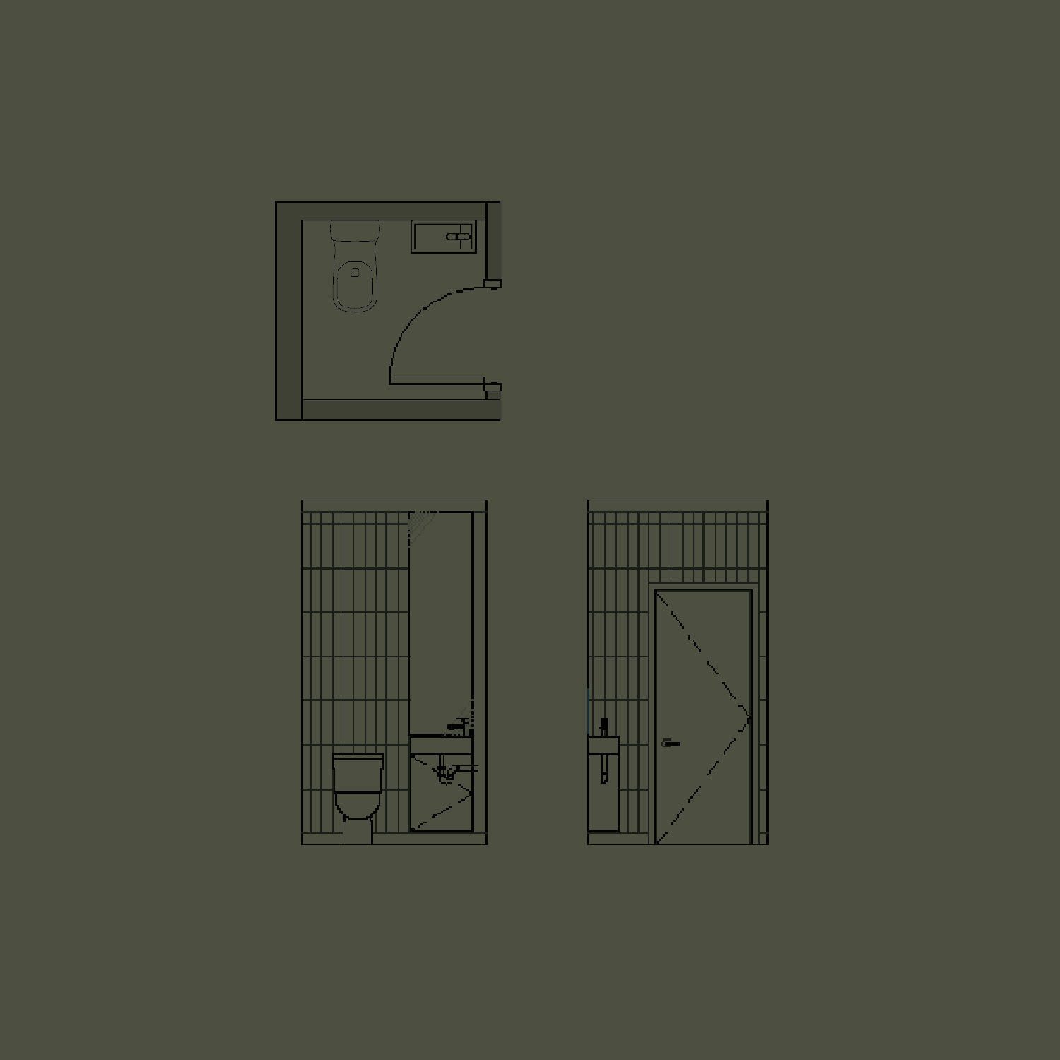 Powder room floor plan and two interior elevations showing a toilet, compact sink, door, and vertical wall detailing.