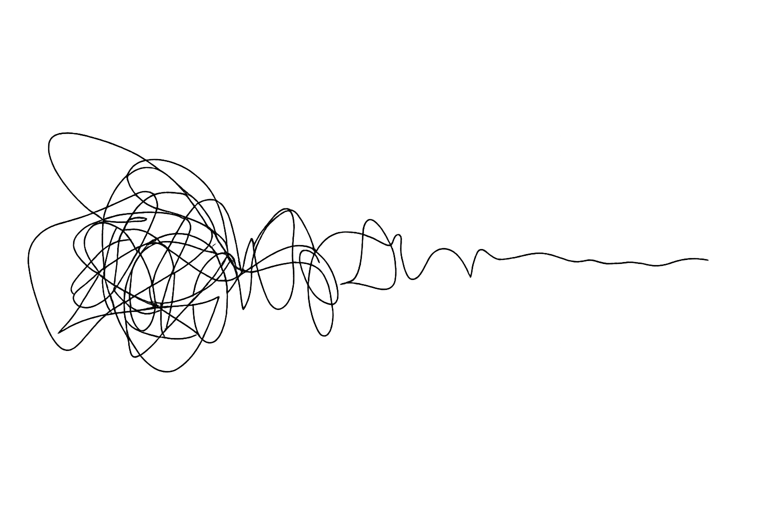 Abstract black line drawing transitioning from a dense tangle into a single clear line.