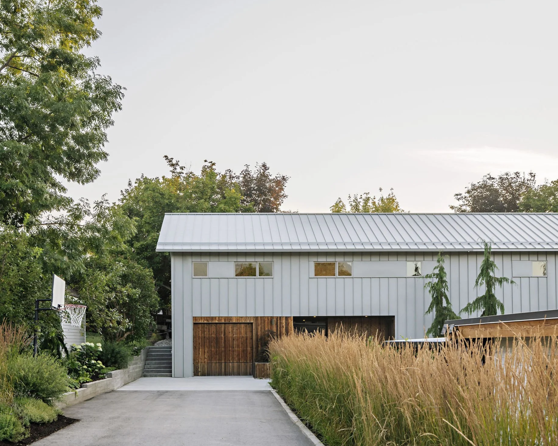 Modern gray house with a metal roof, surrounded by greenery, a small basketball hoop, and a concrete driveway with steps leading up to the house.