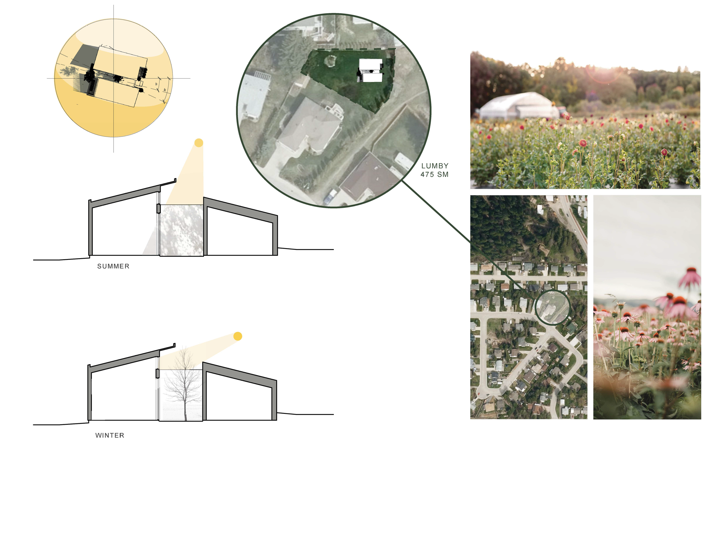 Lumby architectural concept board with aerial site context, summer and winter sunlight studies, and images of the surrounding landscape and wildflowers.