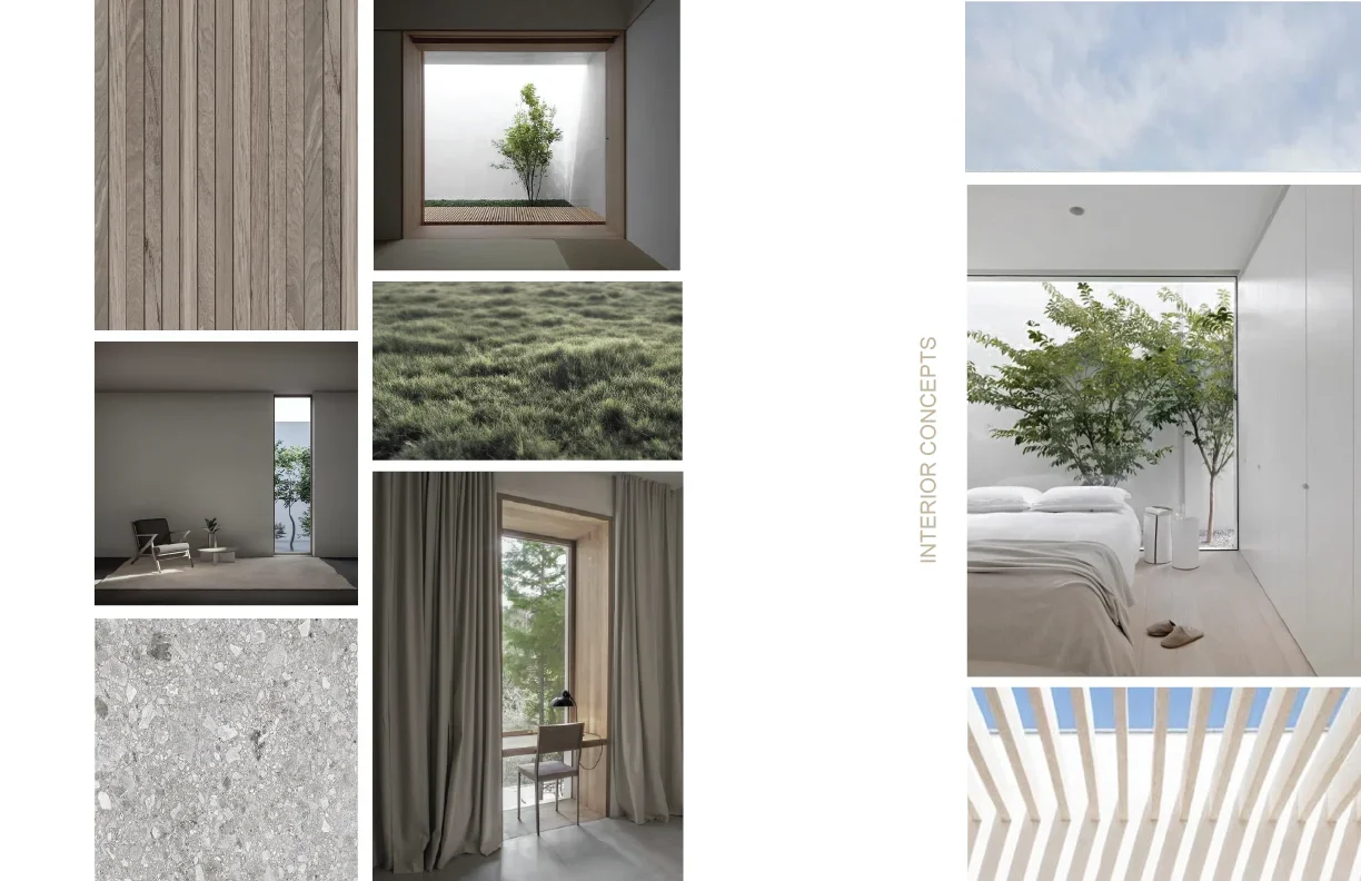 Interior concept board with pale wood, stone, framed tree views, soft daylight, planted courtyards, and minimal architectural spaces.