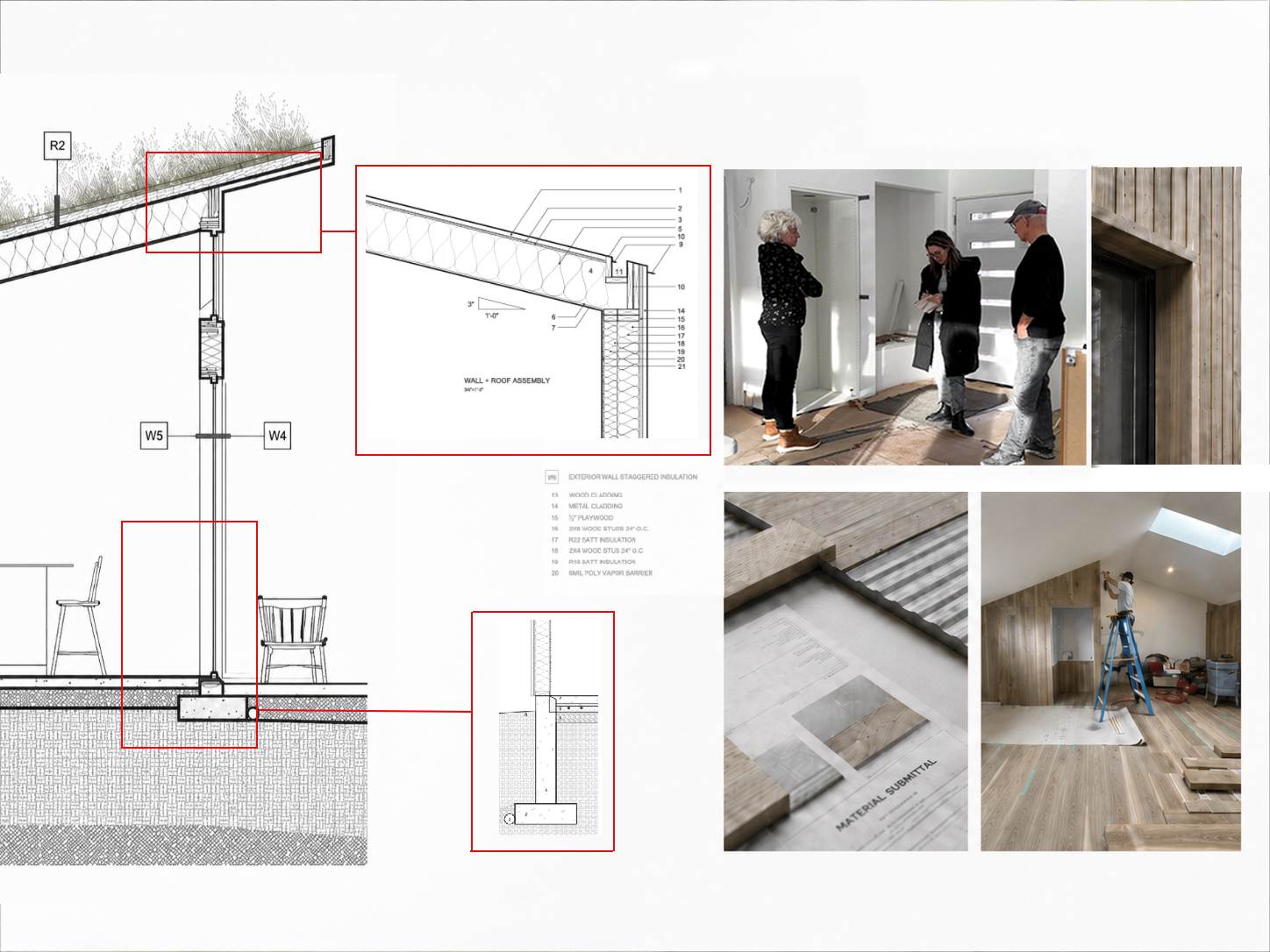 Construction coordination board with wall and roof details, foundation sections, material samples, site meetings, and interior installation photographs.