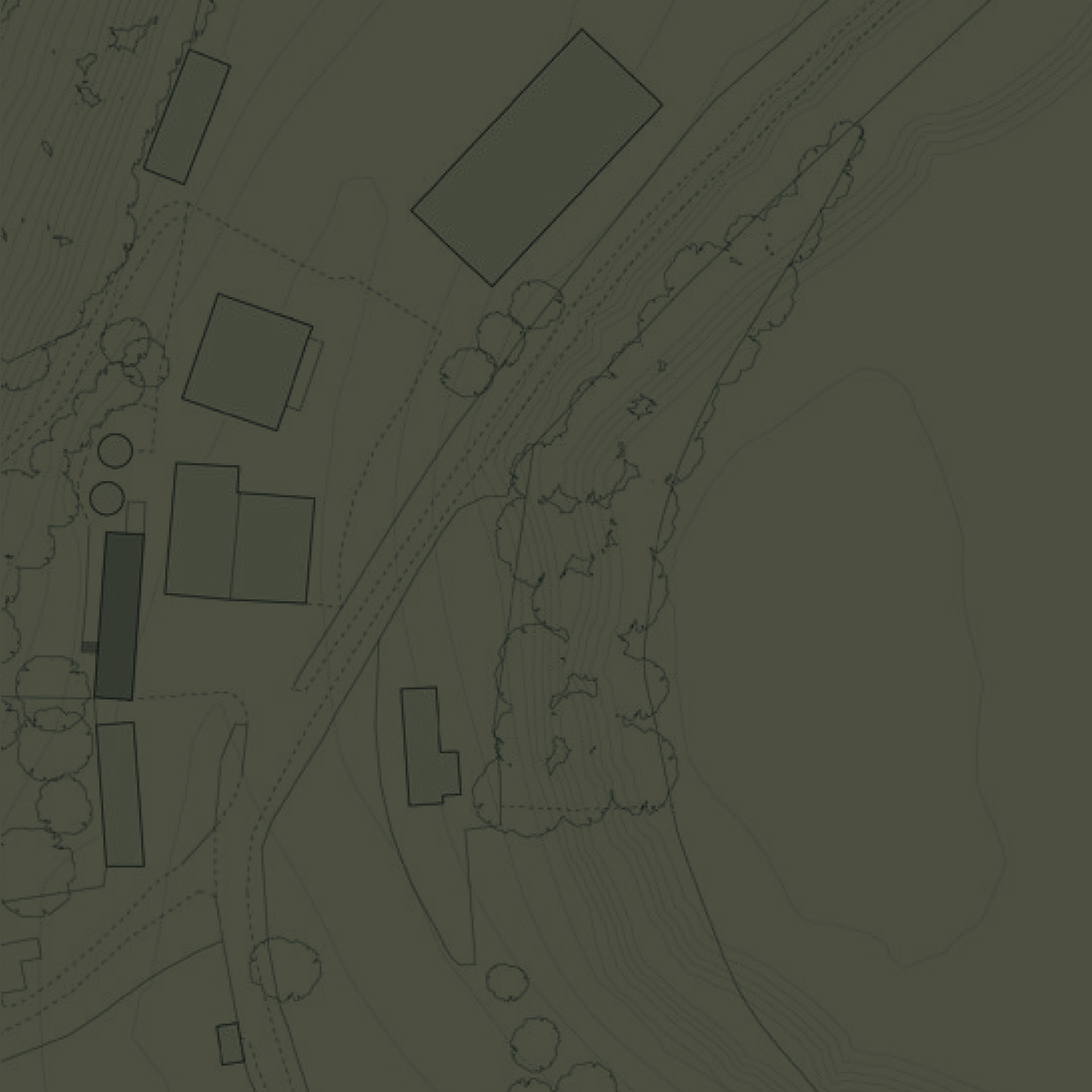 Architectural site plan showing buildings, pathways, topography, vegetation, and a nearby body of water.