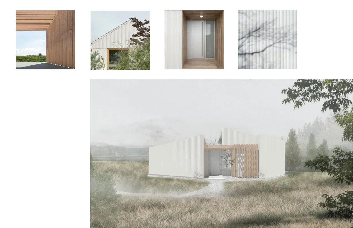 Residential entry concept board with a soft exterior rendering, vertical wood screening, pale cladding, landscape planting, and material references.