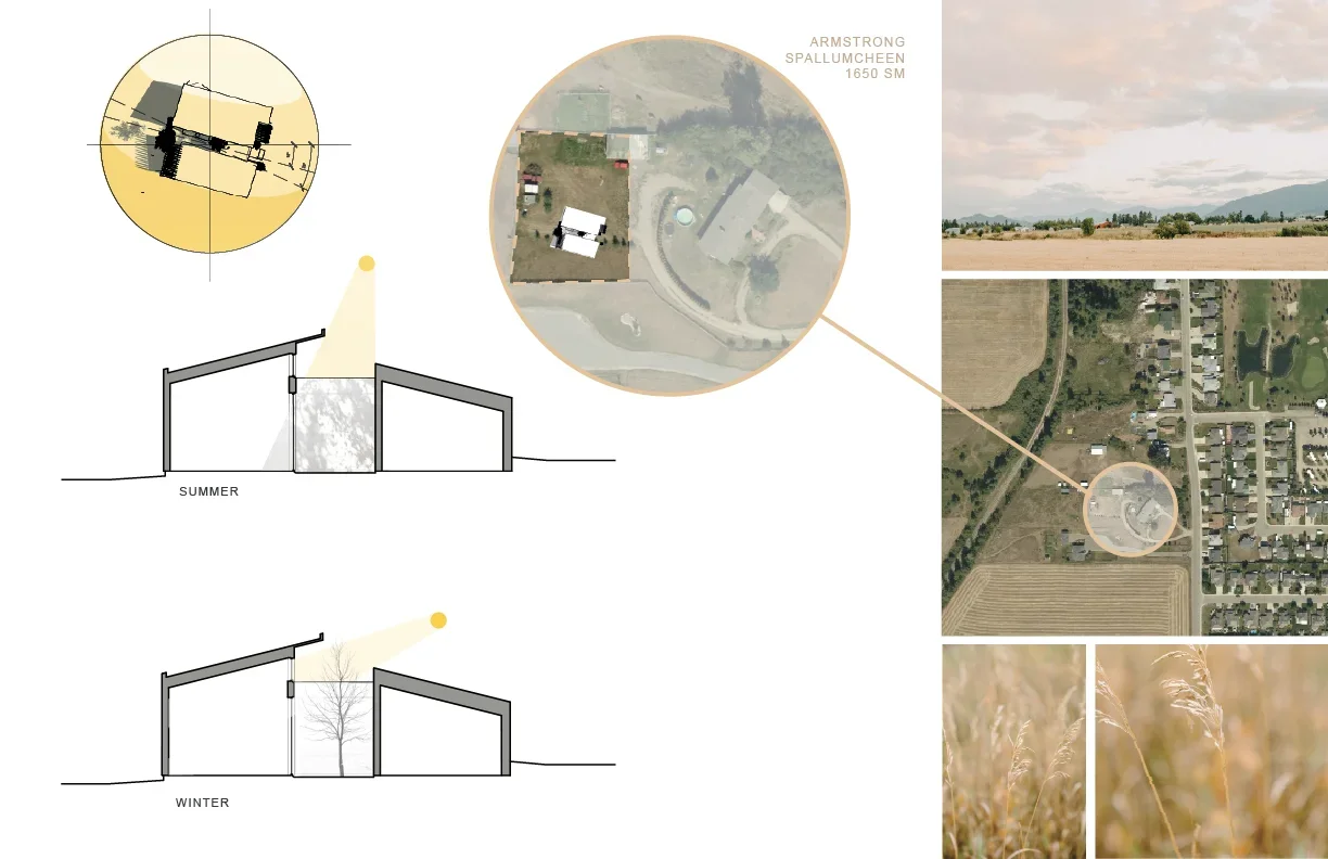Armstrong residence concept board with aerial site context, agricultural landscape images, and summer and winter sunlight studies.