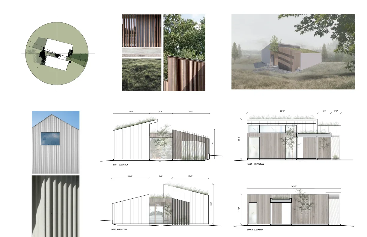 Residential architectural concept board with exterior elevations, planted roofs, vertical wood screens, a central courtyard, and material references.