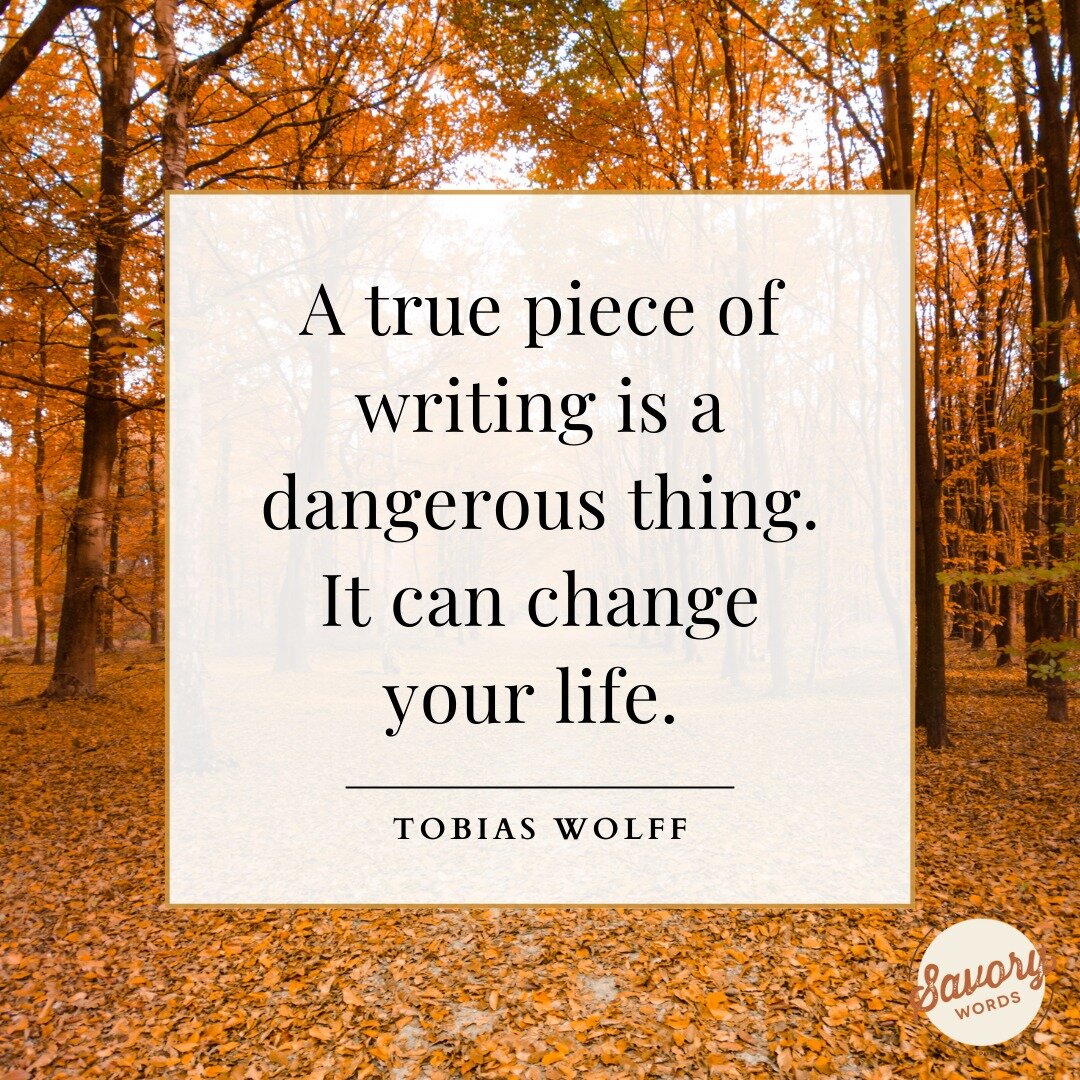 The changing seasons are a great time to reflect on authenticity in your writings. 

ID: A picture shows a forest filled with colorful orange and yellow leaves, both on the trees and on the ground. At forefront is a cream box with black text: &quot;A