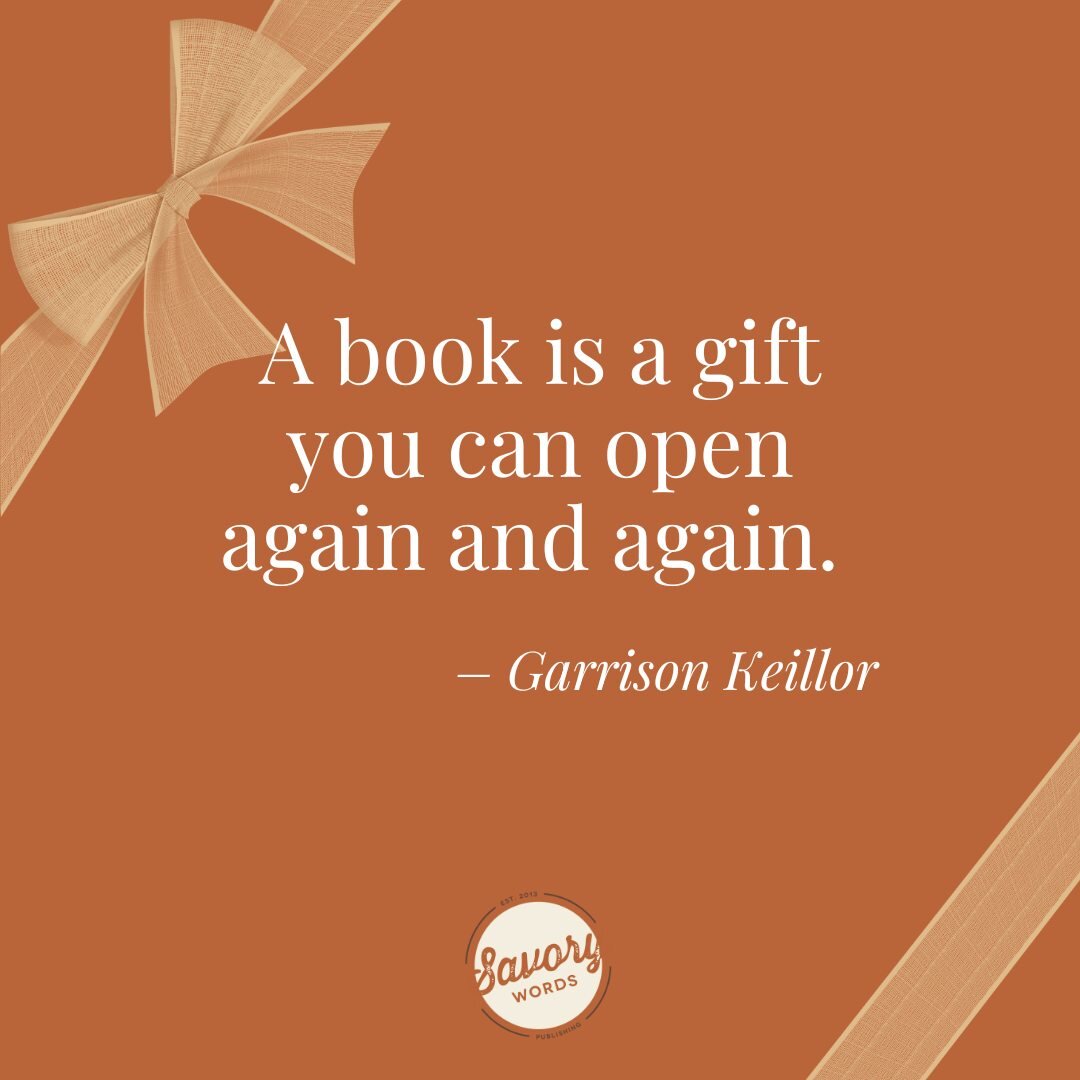 Start off the month of holidays and gift-giving with this thought. 

P.S. Be on the lookout for special deals the next few weeks! 

ID: On a rust background is a gold ribbon at upper left and lower right. White text at center says, &quot;A book is a 