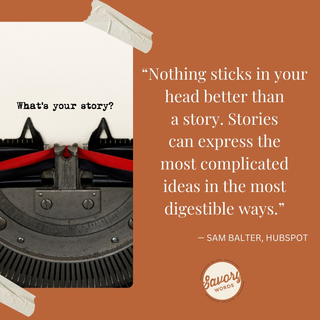 Savory Words Publishing wants to tell your story! Contact us today to get a &quot;Getting Started&quot; packet. 

ID: A dark orange background shows a photo of a typewriter with &quot;What's your story?&quot; on a piece of paper. On right in cream te