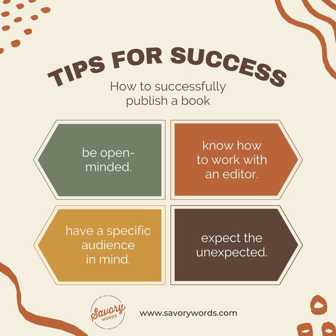 Here are four tips for successful publication of your book. We can support you through this process &mdash; just drop us a line and we'll send you a copy of our booklet for new authors!

ID: On a cream background there are rust-colored squiggles and 