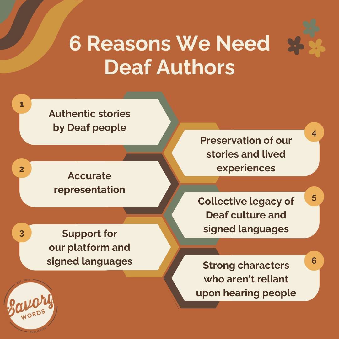 We all say, &quot;We need more Deaf authors!&quot; But why do we really need Deaf authors? Here are six reasons &mdash; what other reasons can you think of? 

ID: A rust background with green, brown, and yellow wavy lines and flowers are shown. At to