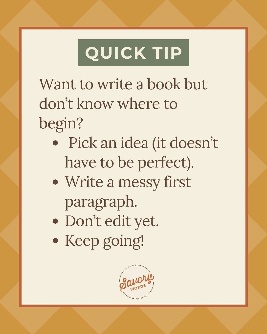 Have a book idea but keep waiting for the right time to start writing it? 

Kick off your Fall Reset with that idea. You don&rsquo;t need a perfect outline, first sentence, or book. All you need to do is start writing. Let it be messy and get all you