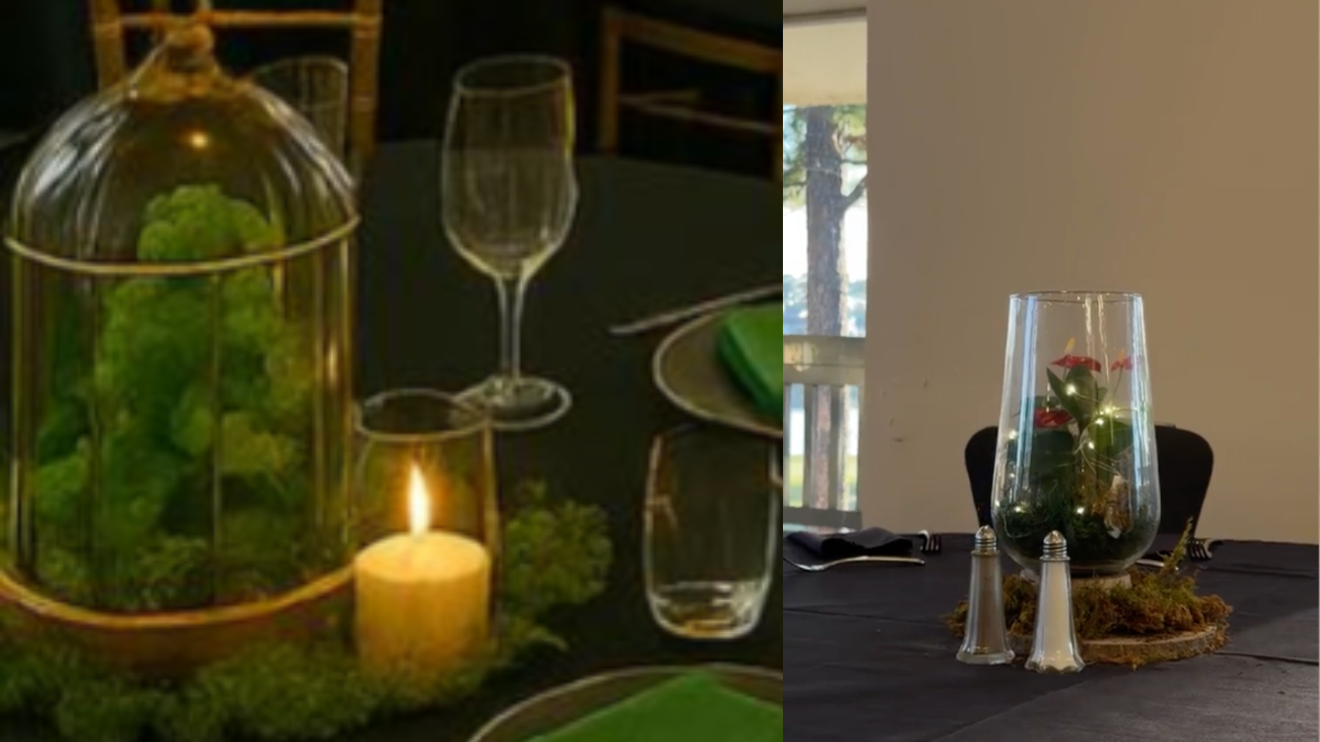 Illuminated terrarium centerpiece with greenery and twinkle lights