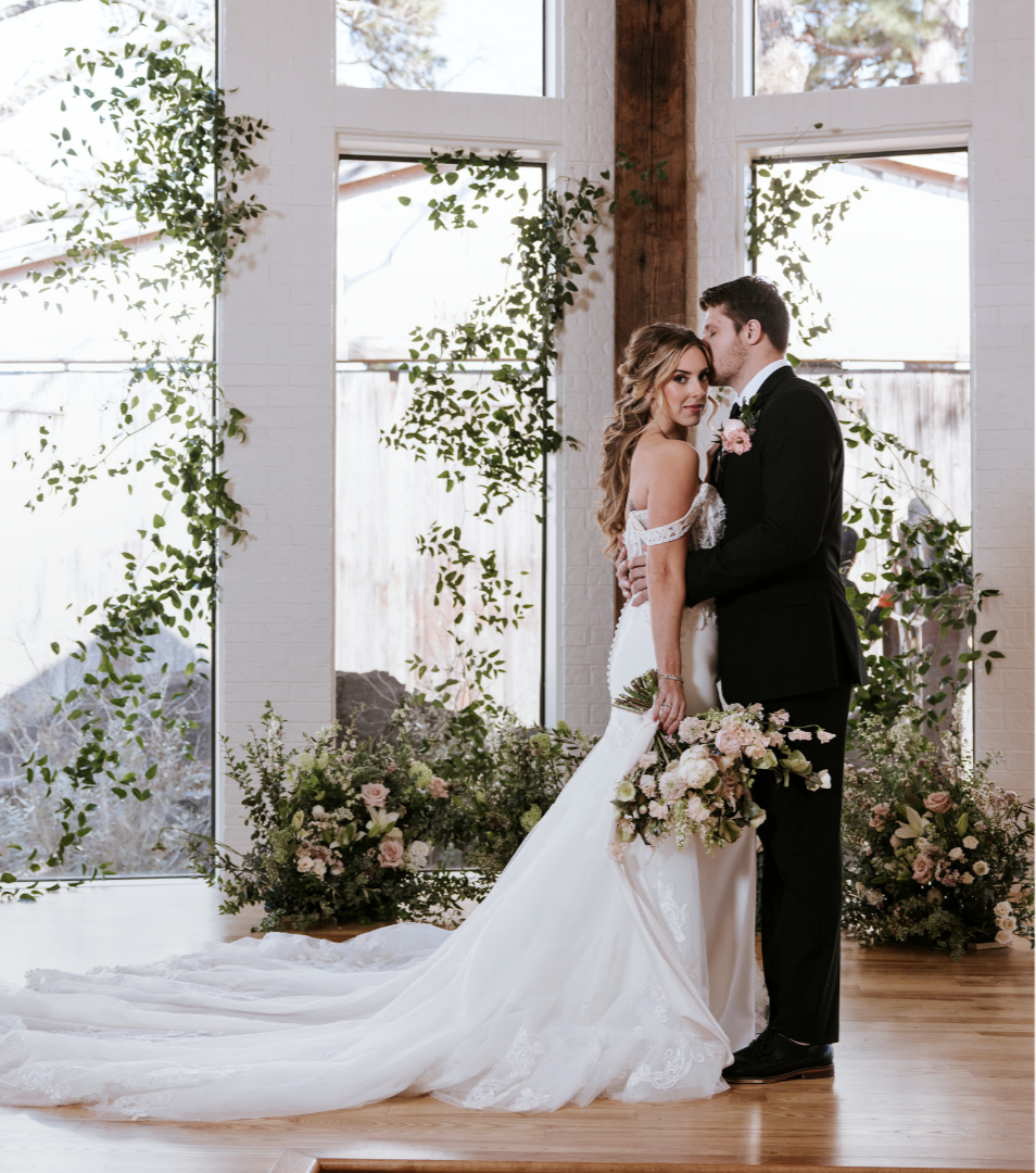 Styled wedding shoot at Ivey Manor featuring a bride and groom, designed to showcase the venue’s architecture, gardens, and event potential.