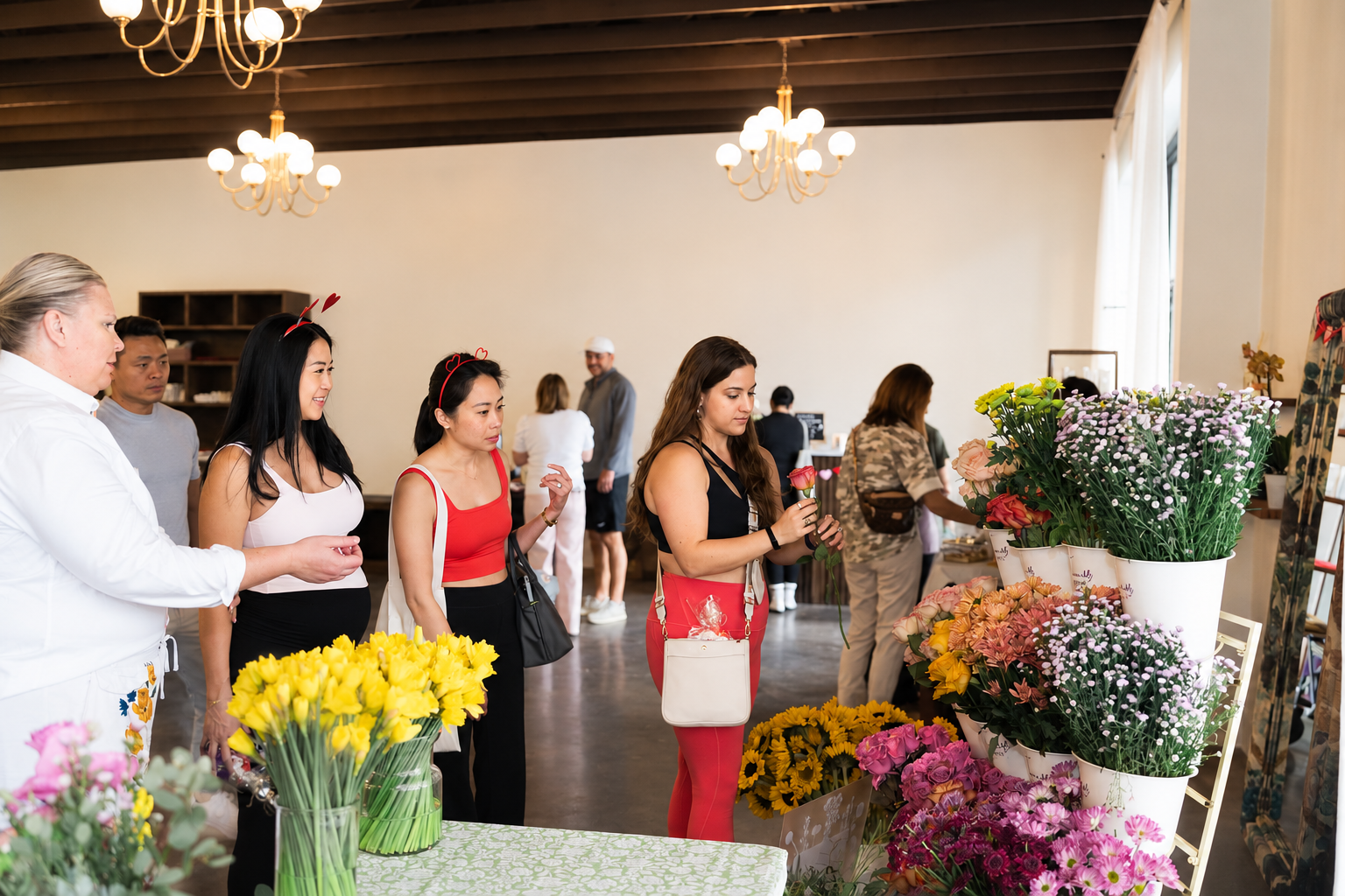 Images of guests looking at the interactive flower bar, ready to create their own personal bouquet.