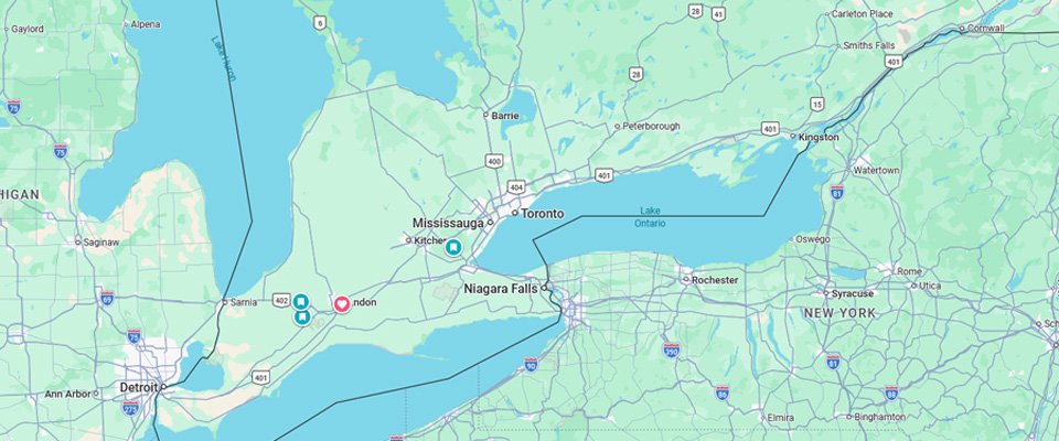 Map of the Great Lakes region showing cities like Toronto, Niagara Falls, Detroit, and Cleveland, along with major highways and bodies of water.