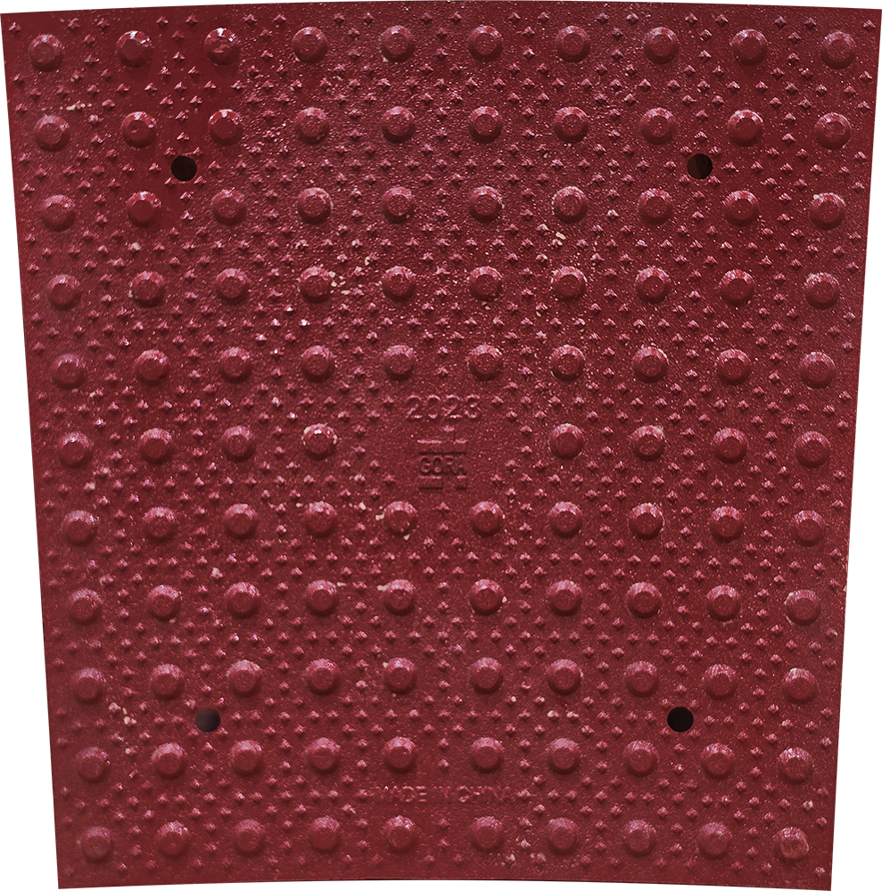 Product close-up of the GORA R17.5' (5,334mm) brick red steel radial plate.