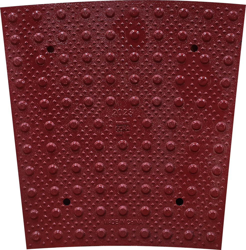 Product close-up of the GORA R10' (3,048mm) brick red steel radial plate.