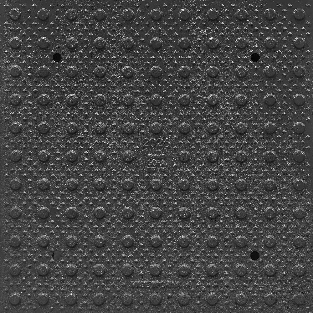 Product close-up of the GORA 24x24" (610x610mm) dark grey steel tactile plate.