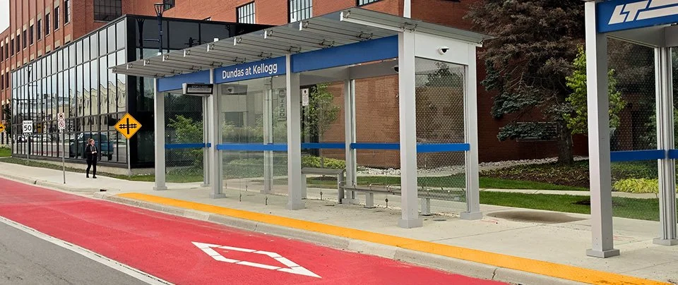 Dundas and Kellogg new bus transit line with GORA 24x24" safety yellow fiberglass tactile plates.