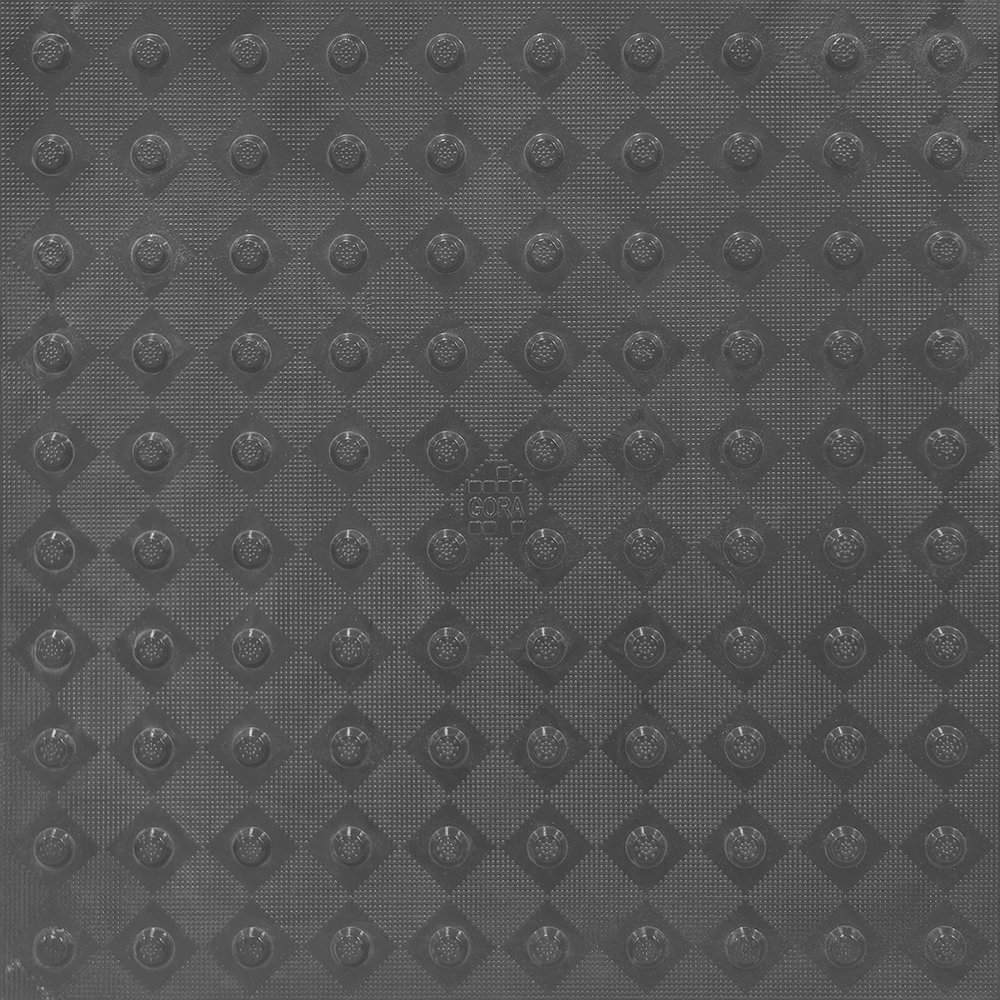 Product close-up of the GORA 24x24" (610x610mm) dark grey fiberglass tactile plate.