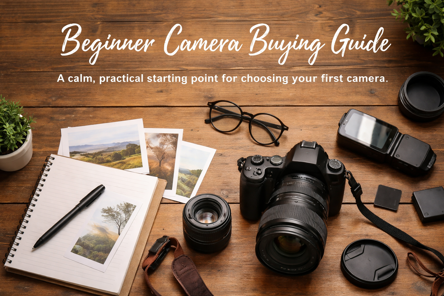 Beginner camera buying guide text overlay on a wooden table with photography equipment, including a camera, lenses, camera flash, notebook with landscape photos, pen, glasses, and potted plants.