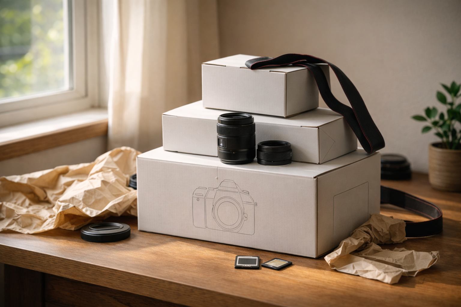 Boxes of camera equipment, camera lenses, memory cards, and lens caps on a wooden table near a window.