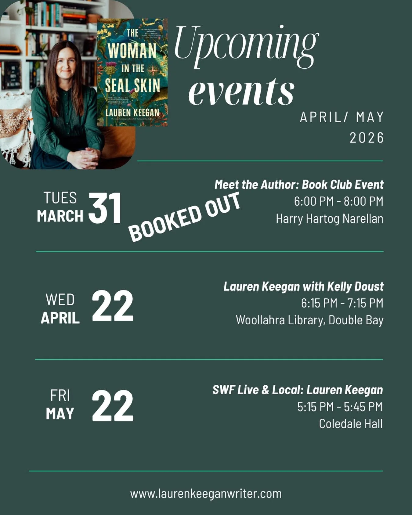 Only one week until The Woman in the Seal Skin lands in bookstores!!

My local launch event at Narellan Harry Hartog is now FULL! 

My Sydney event is at Woollahra Library on 22nd April 2026. I will be in conversation with my publisher @kellydoustboo