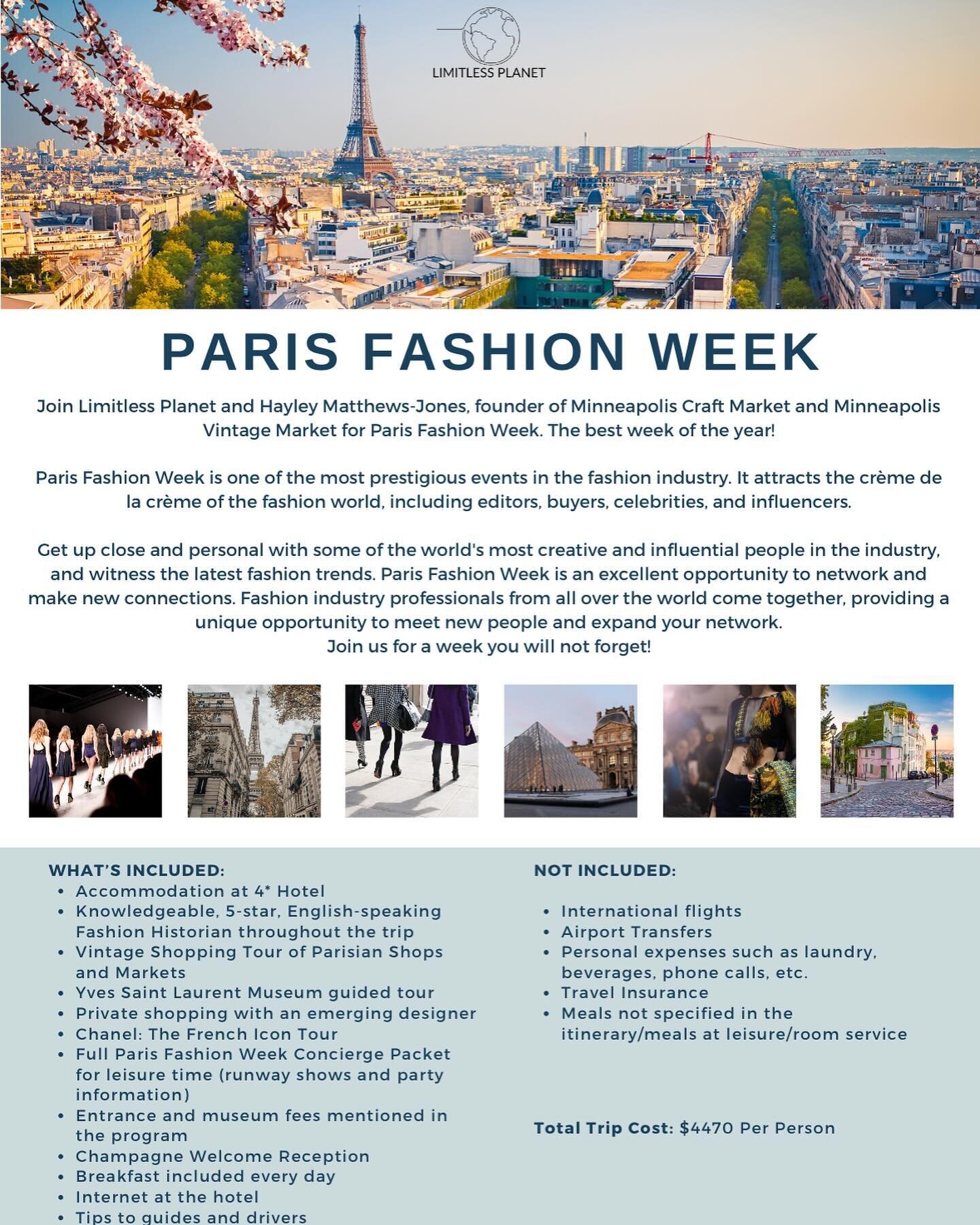 Paris Fashion Week registration is open now ✨
Sept 23-29, 2024 🇫🇷 

This trip is open to ANYONE who loves style, travel, and wants to visit Paris during one of the most exciting weeks of the year. I&rsquo;m now in my third year of hosting fashion w