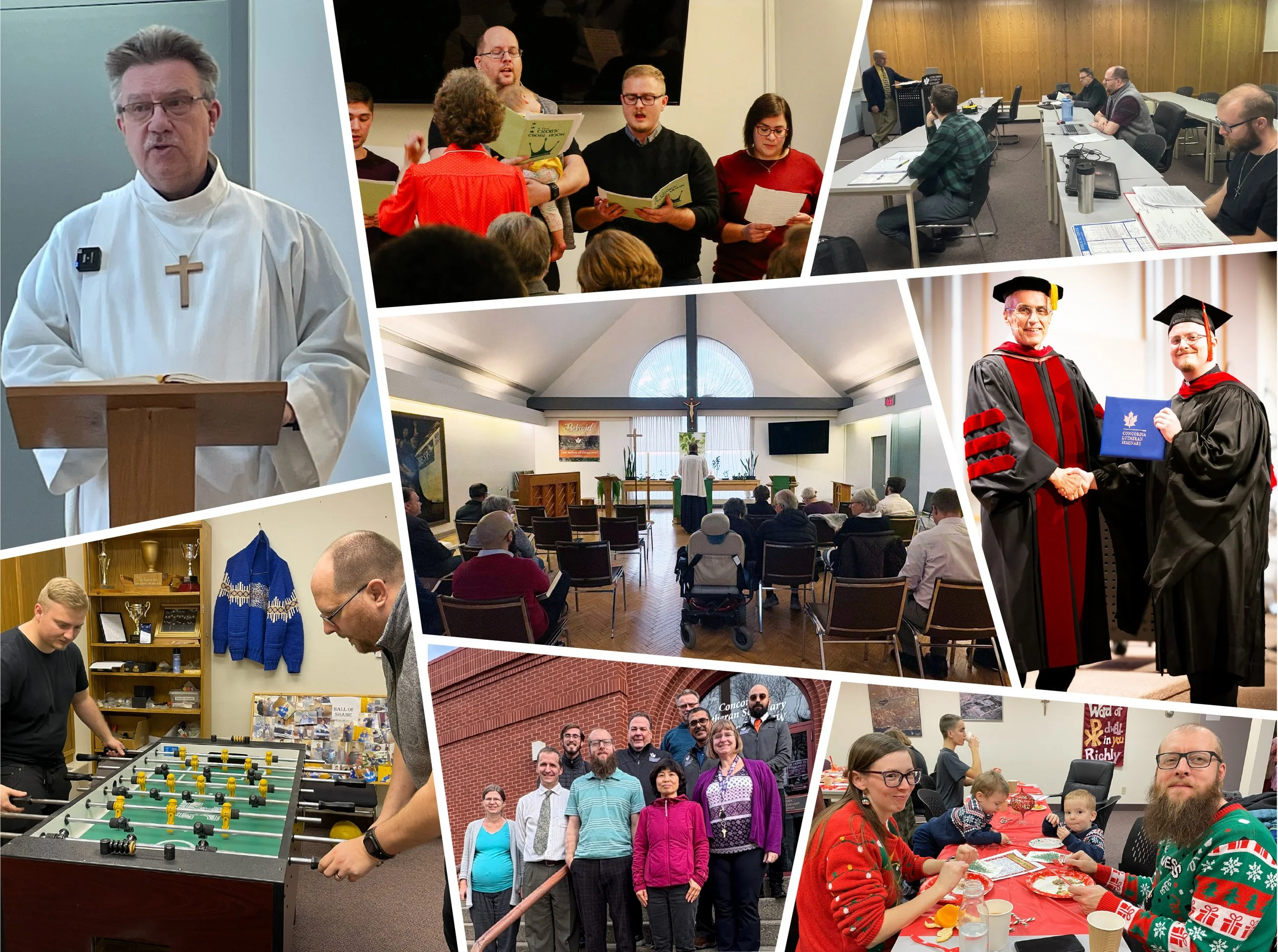 A collage of various scenes from community and religious events. Includes a man in religious robes speaking at a podium, a choir singing, a classroom or meeting room, a church service, a graduation ceremony with graduates in caps and gowns, people playing foosball, a group photo outside, and families at a holiday gathering.