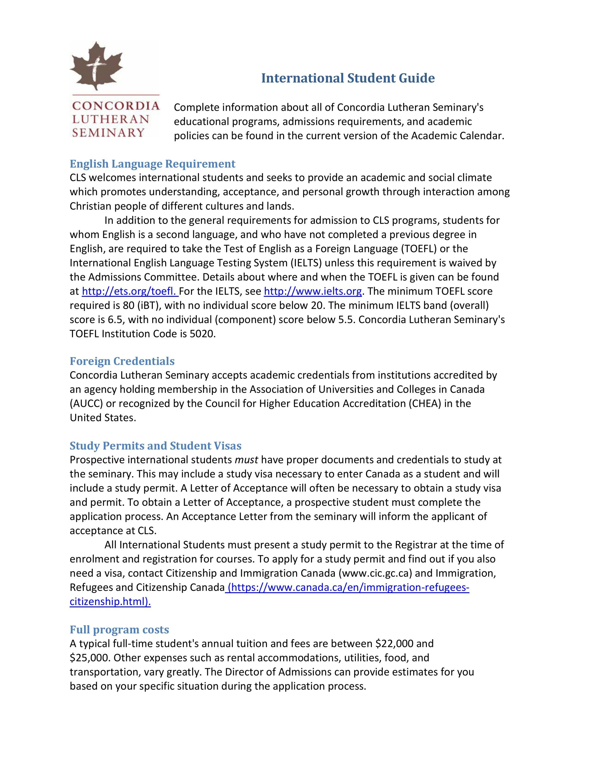 A page from an international student guide for Concordia Lutheran Seminary, including sections on English language requirements, foreign credentials, study permits, and program costs.