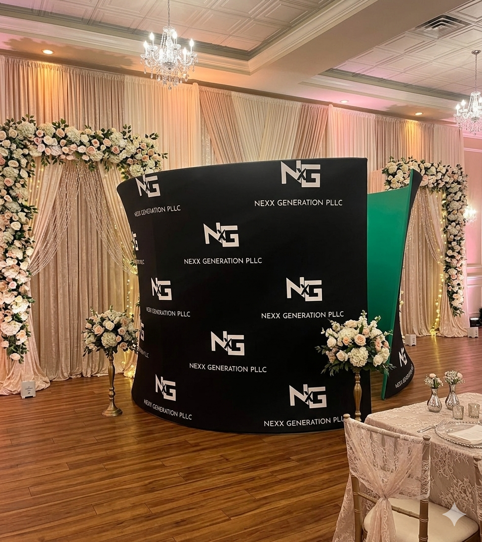 A decorated event space with a black curved backdrop displaying the logo and name 'NEXX Generation PLLC' multiple times. The backdrop is flanked by floral arrangements and elegant cream-colored curtains with string lights. There are chandeliers hanging from the ceiling, and a table with a lace tablecloth and flowers in vases in the foreground.
