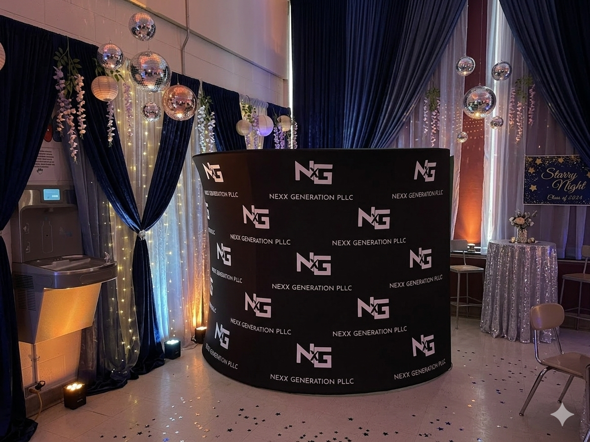 Decorated event space with blue curtains, hanging disco balls, string lights, and a circular black stand featuring the Nexx Generation logo, with a table draped in a sequined silver cloth and a flower arrangement.