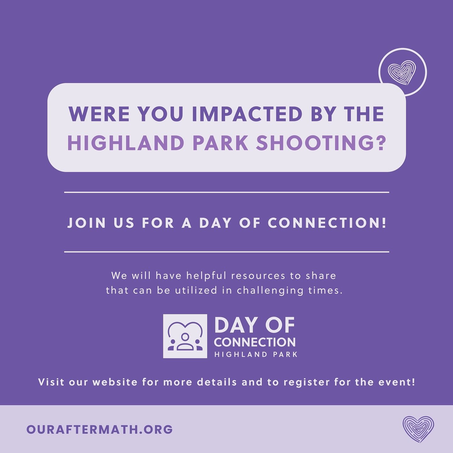 We have a Day of Connection coming up for those who were impacted by the Highland Park shooting. Visit our website for more details. 

Link in bio.
#ouraftermath #massshootingsurvivor #highlandpark #highlandparkil