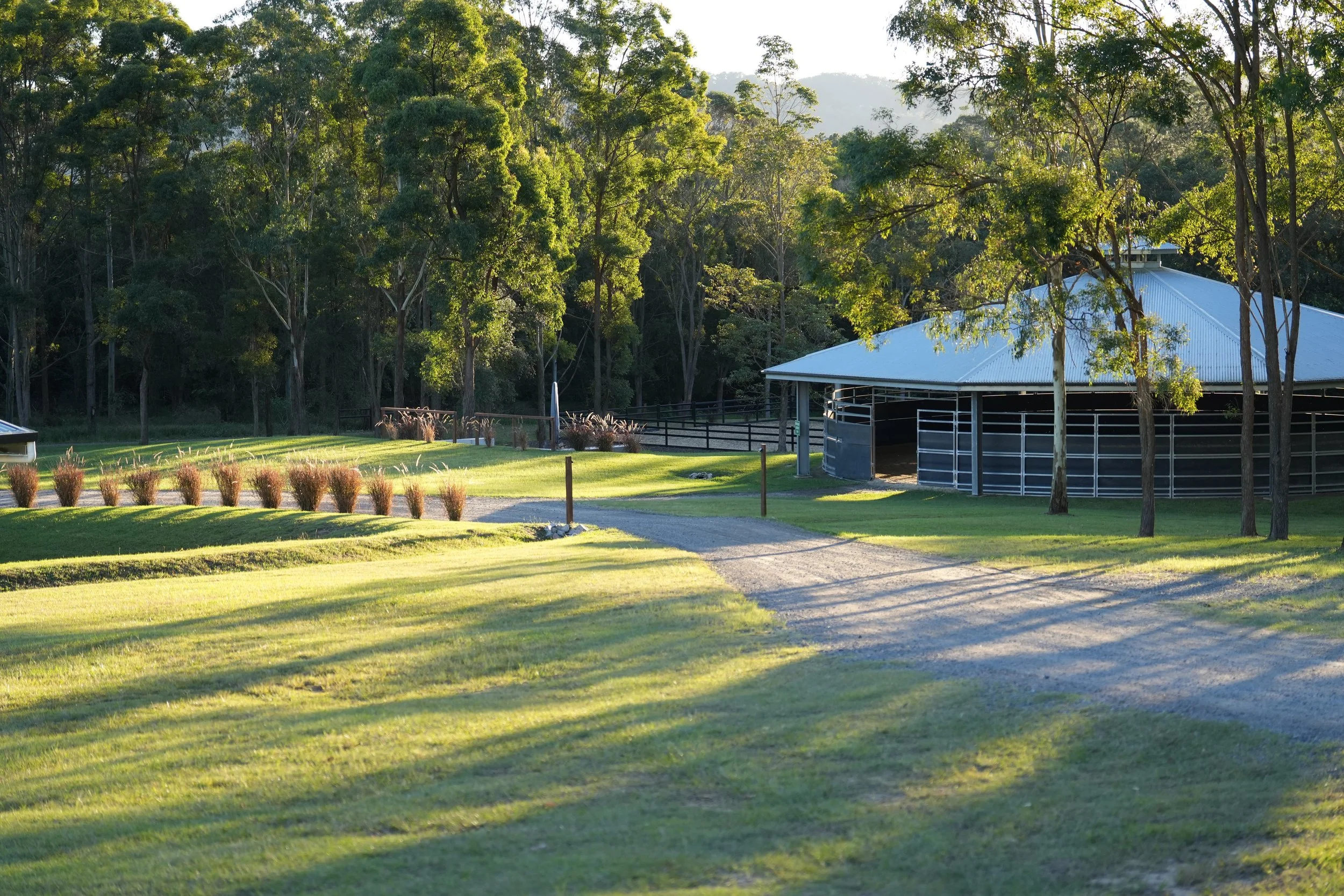 A peaceful rural scene with a gravel path leading past well-maintained grass and bushes, a modern barn or shed with a metal roof, and a backdrop of tall trees under sunlight.