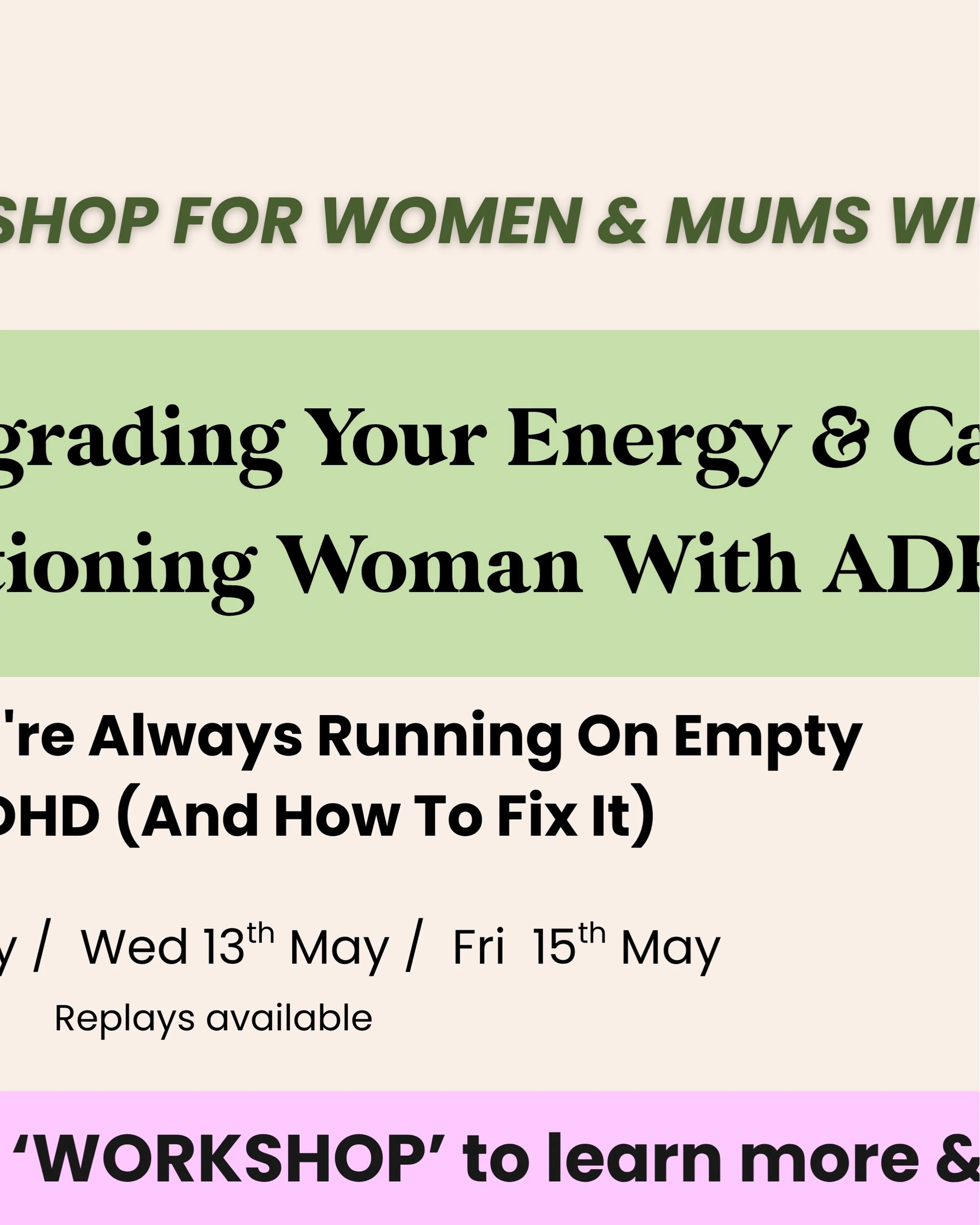 Comment or DM &ldquo;WORKSHOP&rdquo; to grab your FREE ticket to my live online workshop for high-functioning women and mums with ADHD 🌿

You know what you should be doing. You just cannot seem to make it last. And you are exhausted from trying.

I 