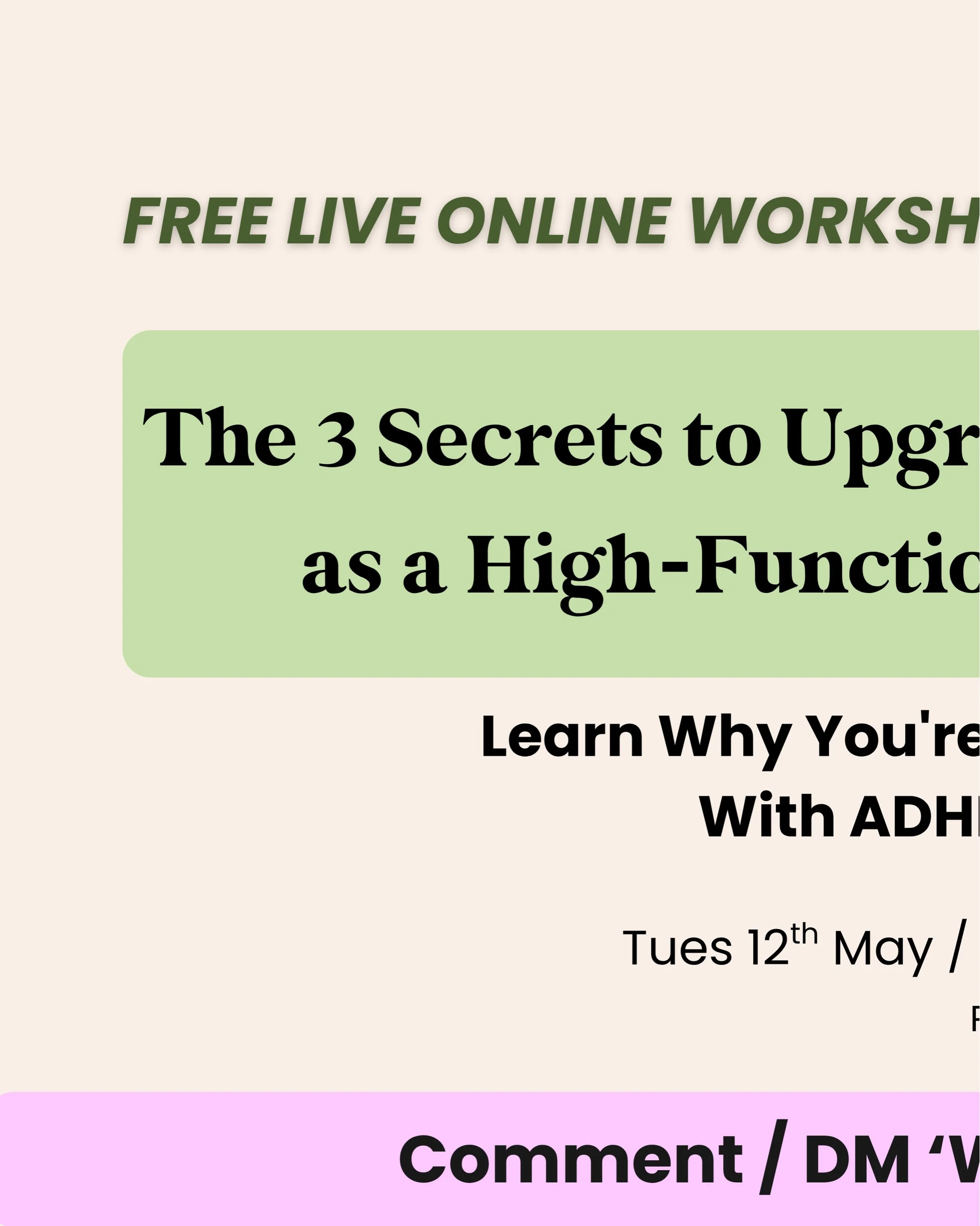 Comment or DM &ldquo;WORKSHOP&rdquo; to grab your FREE ticket to my live online workshop for high-functioning women and mums with ADHD 🌿

You know what you should be doing. You just cannot seem to make it last. And you are exhausted from trying.

I 