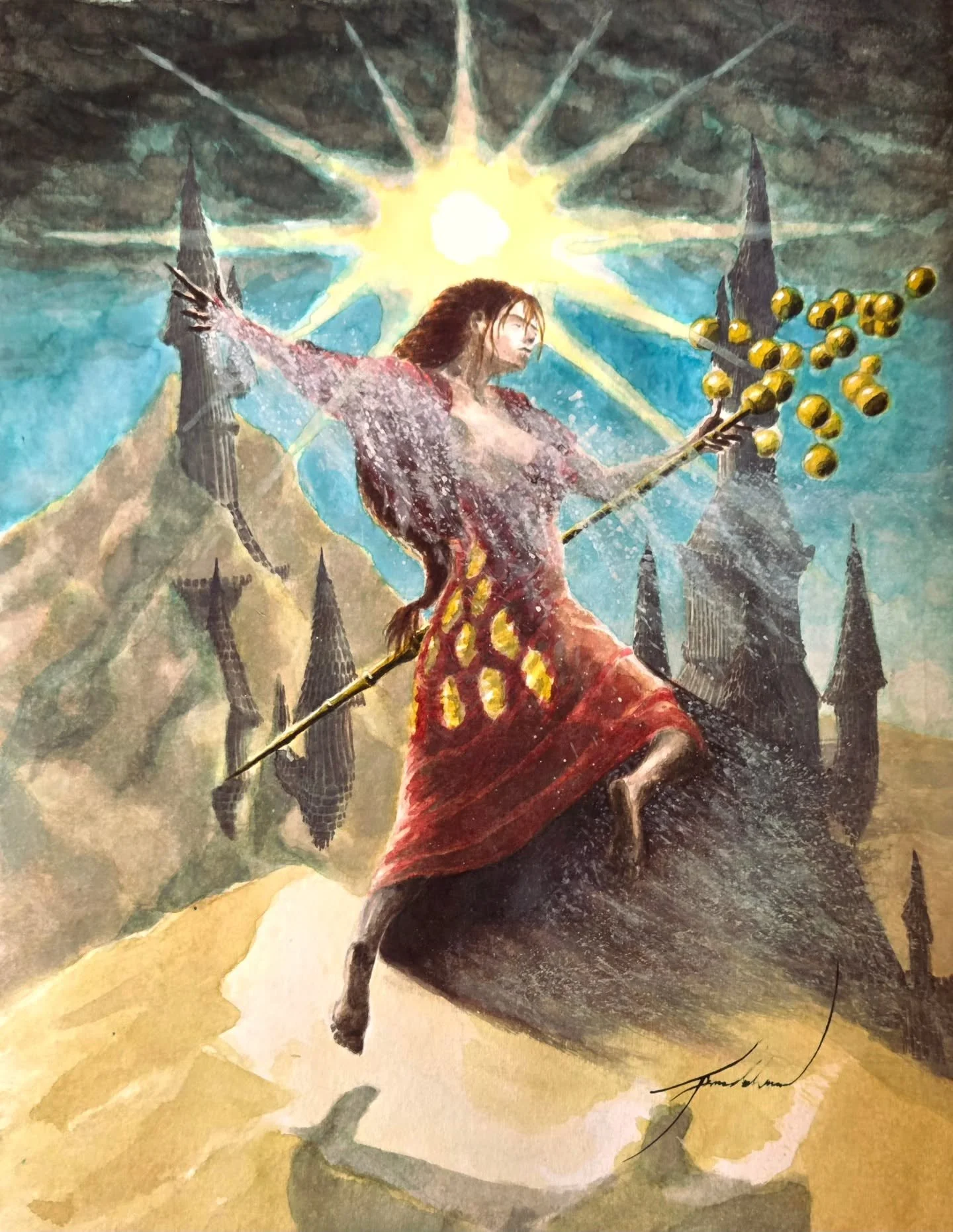 #122 Sorceress of the Buried Spire (rev.)

The Mystic
The Sun
Lesser Earth - Sand
The Tower

I'm happier about how this one turned out. Though I still enjoy the first version, I think this is the better of them

#art #watercolor #painting #alchemy #i