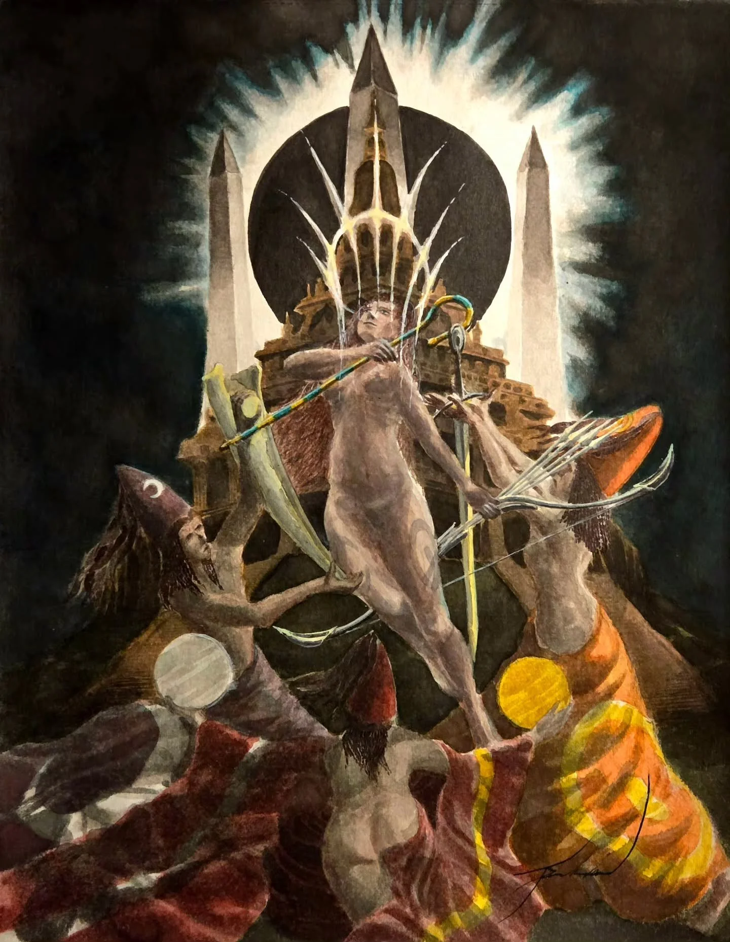 #110 High Priestess of Electrum
She is Master of all things touched by the shadow of the Moon. The solar eclipse is the fusion of the Sun and the Moon. Her sword, her shield, and bow are the natural embodiment of this blinding coronal power, made of 