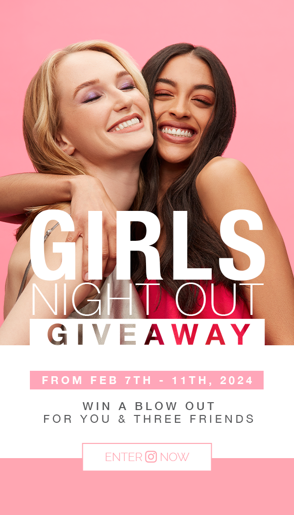 Two smiling young women hugging each other against a pink background, with text overlay promoting a girls' night out giveaway.