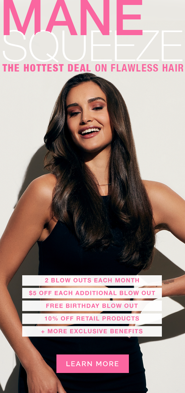 Promotional advertisement featuring a woman with long dark hair in a black top, smiling. Pink text promotes blowout deals, discounts, and benefits.