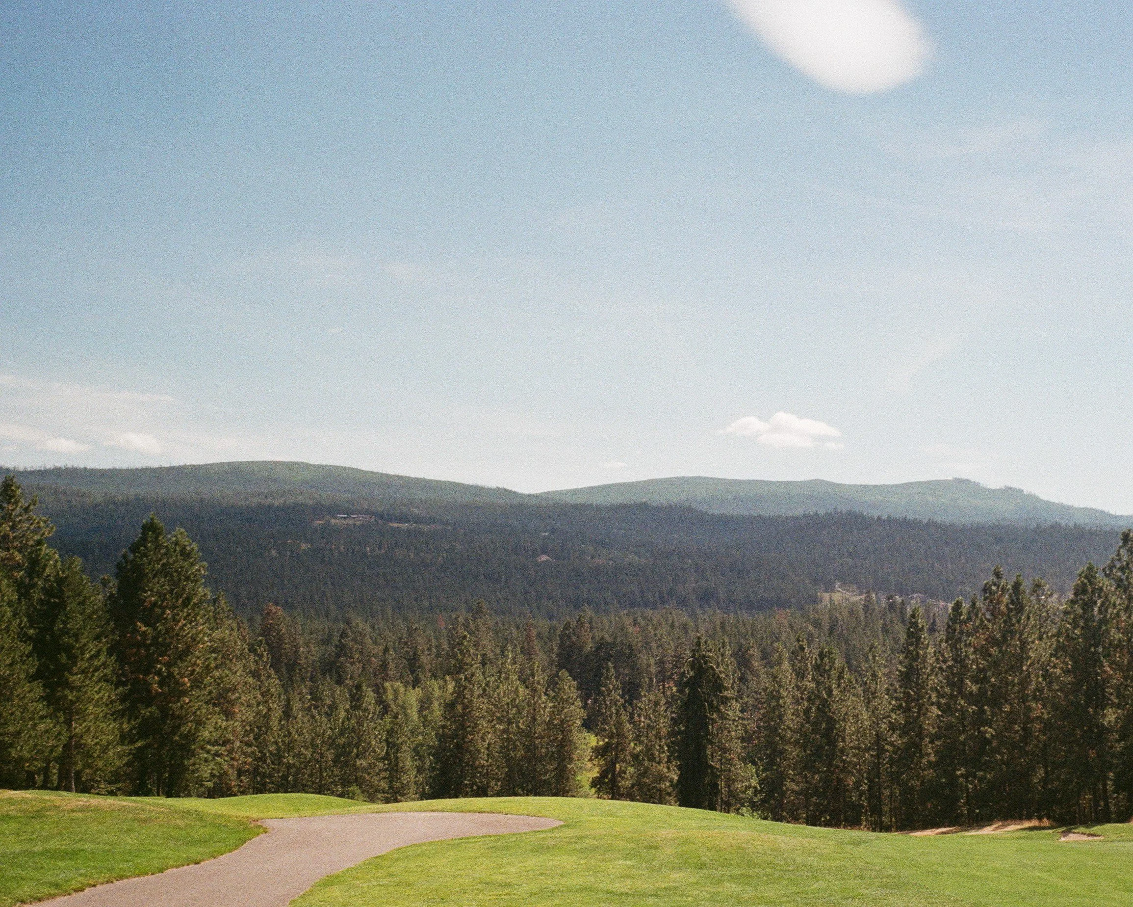A scenic view of a golf course with a paved pathway winding through lush green grass, overlooking a dense forest of tall trees with a backdrop of rolling hills under a partly cloudy sky.