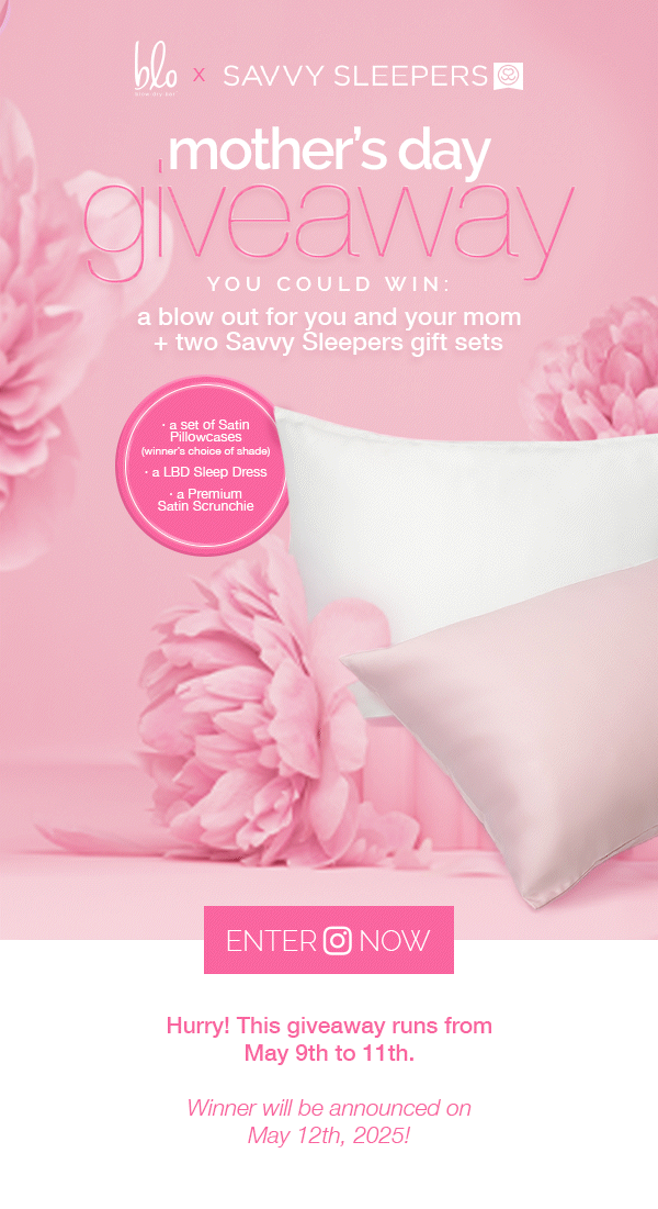 Pink-themed Mother's Day giveaway advertisement featuring satin pillowcases, a sleep dress, and satin scrunchie, with a pink background and floral accents.