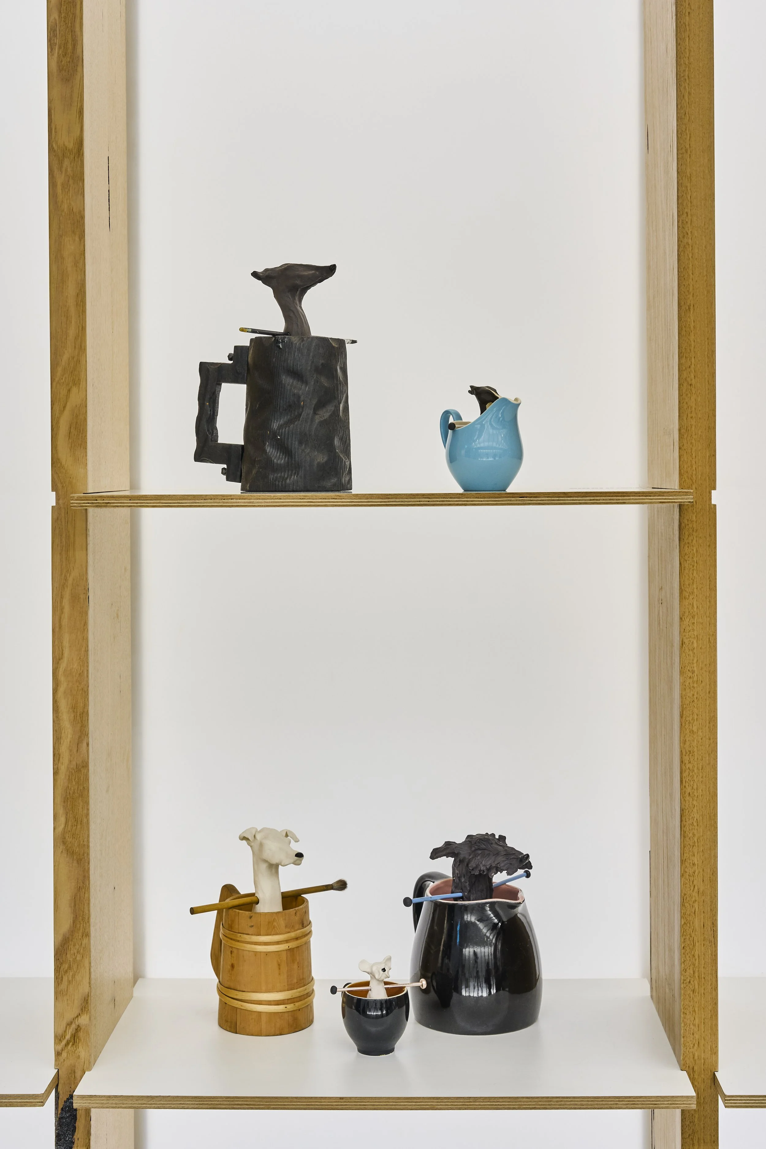 Affirmative animals for the Shelley Simpson Ceramic Prize at Craft Victoria, 2026. Found vessels and stoneware dogs
