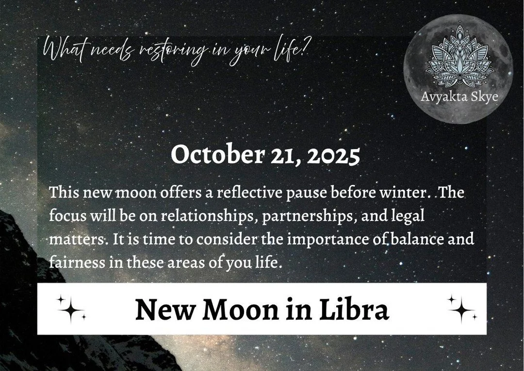 🛠 New Moon in Libra
A time for reflection and preparation. This moon helps you complete lingering goals and nurture harmony in relationships.
Consider fairness, balance, and what still needs closure before winter begins.

⚖️ What needs restoring in 