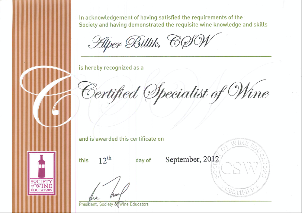 Certificate for a Certified Specialist of Wine by the Society of Wine Educators, awarded on September 12, 2012.